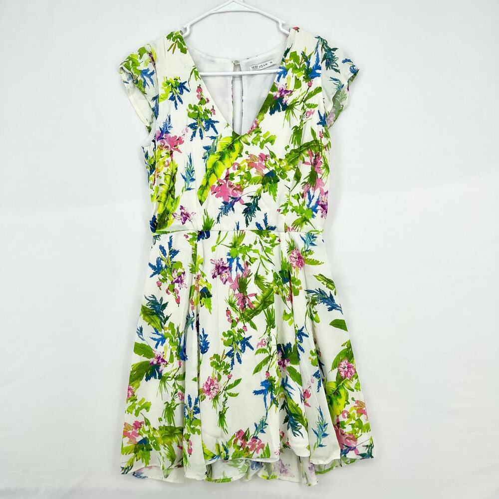 Roam Positano Cream Floral Print Cap Sleeve V Neck Flow Mini Dress Size XS